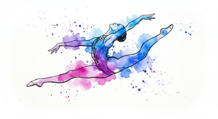 Watercolor illustration capturing a dancer's leap in vibrant hues and flowing lines