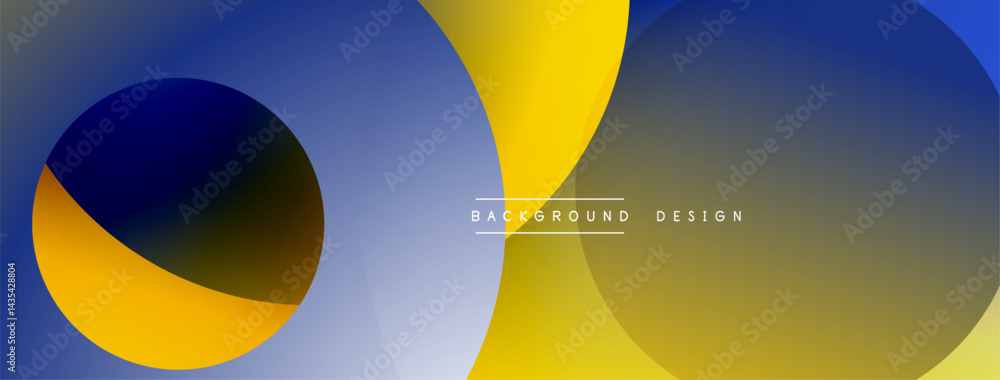Poster Abstract geometric shapes overlap, creating vibrant color gradients. Blue, yellow, gray tones dominate composition. Modern design element.