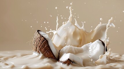 A rich splash of coconut milk captured mid-air against a light tan background.