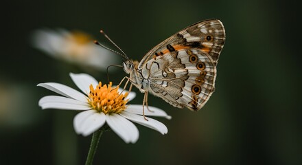 Obraz premium Speckled Butterfly on White Daisy, Soft Focus Macro