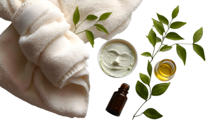 Luxury spa treatment concept, facial mask, essential oils, white towels, green leaves, relaxing mood
