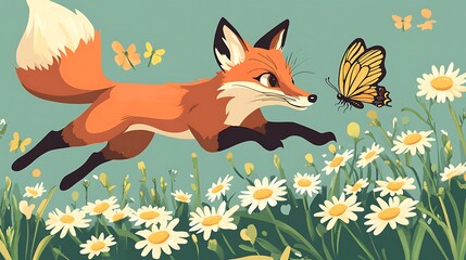 Fox chasing butterfly with daisy field.