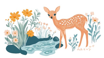 Fawn by stream with wildflowers.