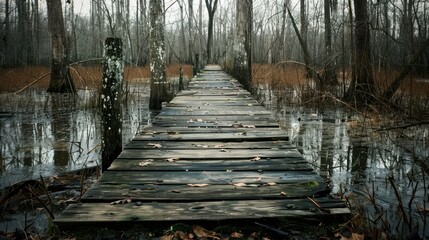 Obraz premium Old wooden dock in Mississippi swamp stock photo --ar 16:9 --raw --v 6 Job ID: af76caee-bfe0-4d2a-a435-d33affc1e27e