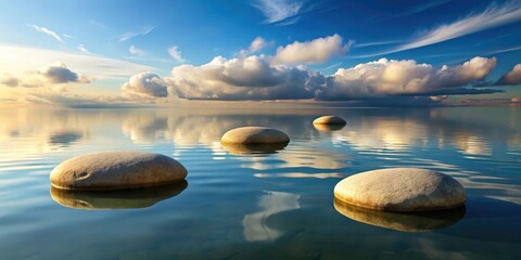 Tranquil waters with three floating rocks and a mathematical constant for a unique visual interest, water, calm,  water, calm, natural