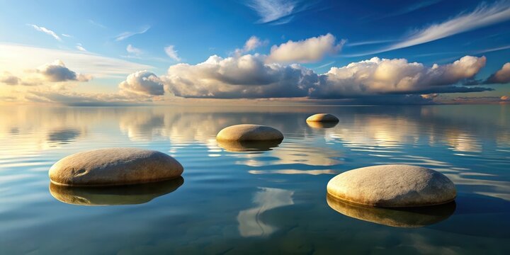 Tranquil waters with three floating rocks and a mathematical constant for a unique visual interest, water, calm,  water, calm, natural
