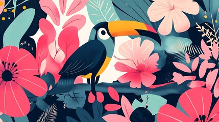 Toucan in Tropical Flowers. (1)