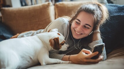 Relaxing girl at new real estate apartment home using mobile phone online app. 