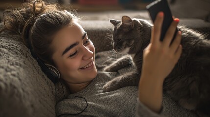 Relaxing girl at new real estate apartment home using mobile phone online app. 