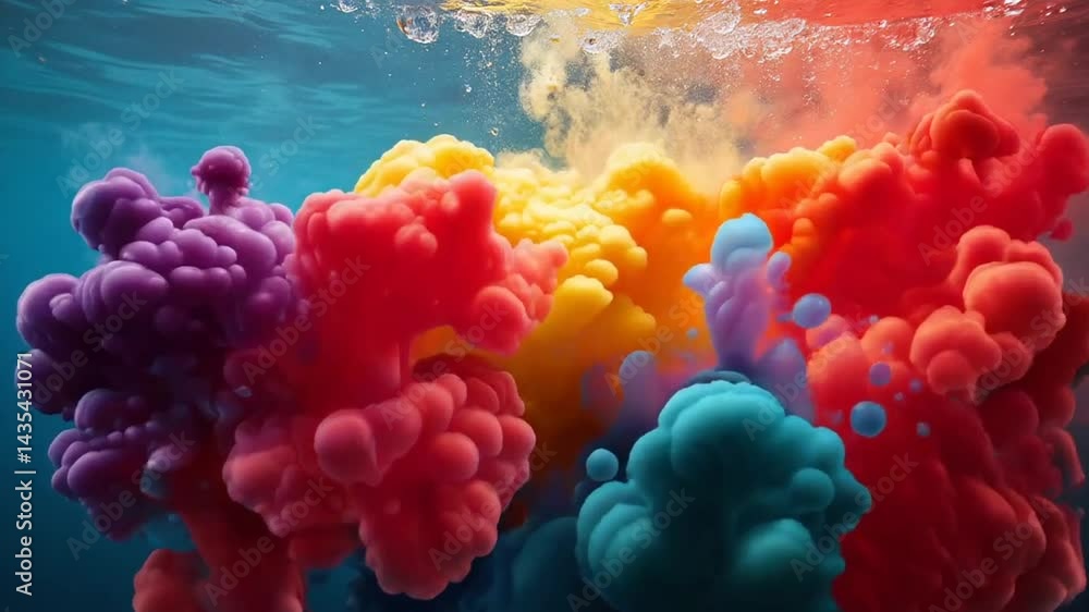 Poster vibrant underwater explosion of colorful smoke with dynamic bubbles creating a stunning visual exper