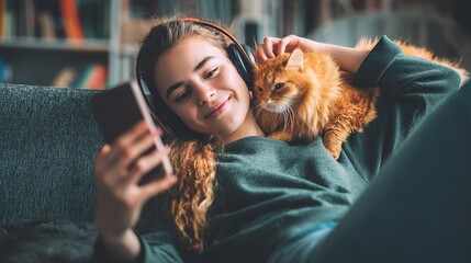 Relaxing girl at new real estate apartment home using mobile phone online app. 