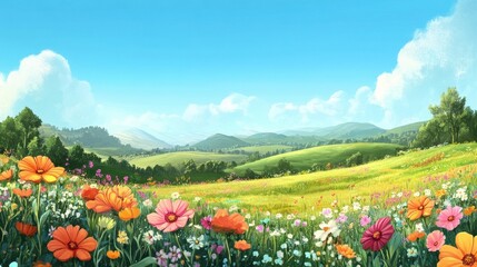 vibrant spring meadow landscape with colorful flowers