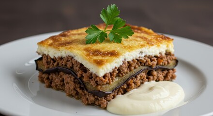 Moussaka casserole dish with meat and eggplant