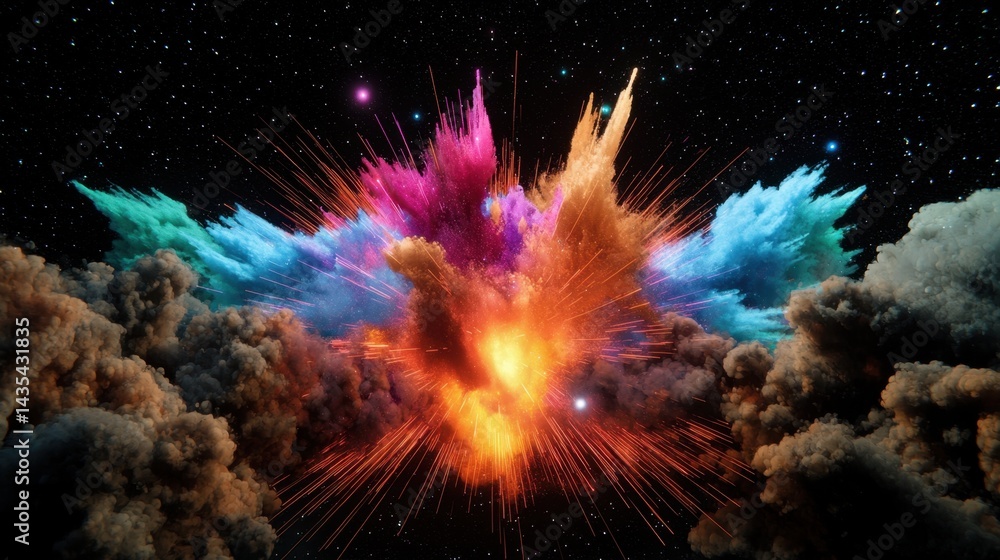 Poster neon particle storm exploding across a dark background, vibrant dynamics