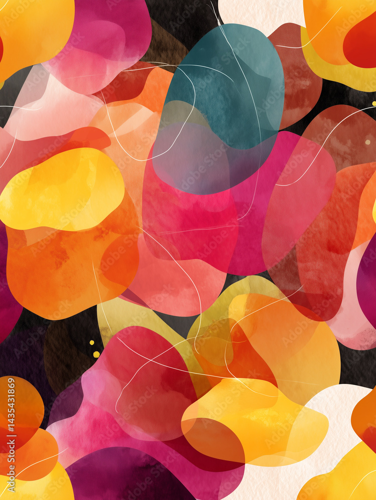 Poster colorful abstract shapes create vibrant and dynamic composition, featuring organic fluid forms in sh