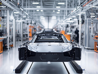 Obraz premium Modern car manufacturing facility showcasing assembly line with vehicles. sleek design and advanced technology highlight efficiency and innovation in automotive production