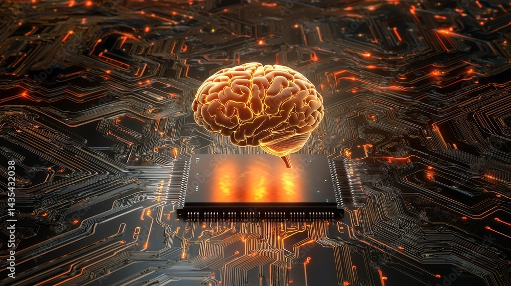  neural ai system visualized as a glowing chip in a dynamic tech environment