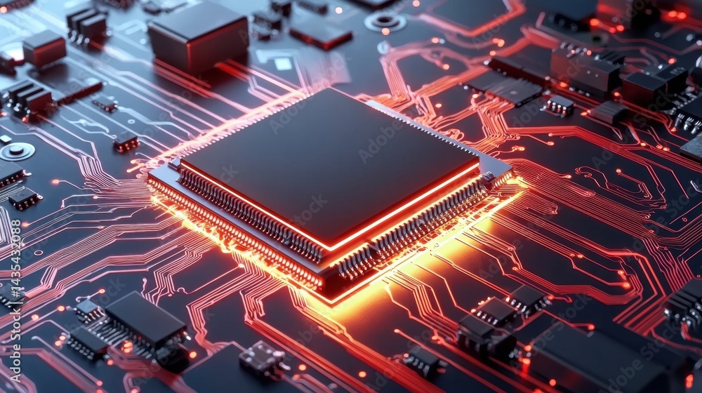 Poster Neural AI system visualized as a glowing chip in a dynamic tech environment