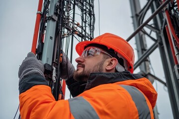 Technician working on cell tower with safety gear