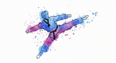Watercolor Illustration: Taekwondo Fighter Mid-Air Fluidity in Motion Art