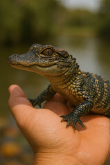 Fototapeta premium A tiny baby alligator resting calmly in one hand, its rough, scaly skin glistening under natural sunlight, with a blurred swamp or riverbank background