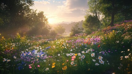 Obraz premium sunlit wildflower meadow landscape