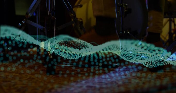 Drummer legs wearing denim and leather boots operating drum pedal under digital wave in flat design