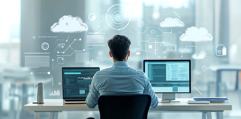 Programmer at Work: Modern Tech, Cloud Computing, Minimalist Design