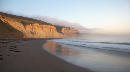 A coastal scene features a beach and high illuminated cliffs