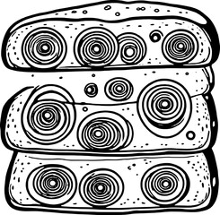 Stack Of Three Abstract Breads With Round Patterns In Black And White Line Art Style