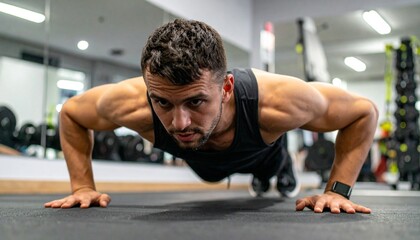 Fototapeta premium 真剣な表情で腕立て伏せを行う男性のクローズアップ