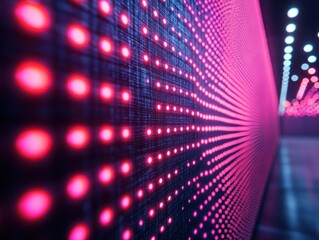 Fototapeta premium Close-up view of vibrant pink LED lights illuminating a modern urban space at night