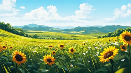 Obraz premium sunflowers in a rolling hill landscape