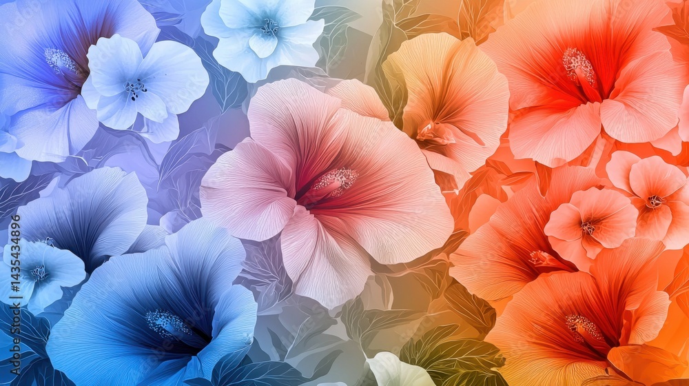 Poster pretty botanical pattern with fine flower outlines and pastel color gradient