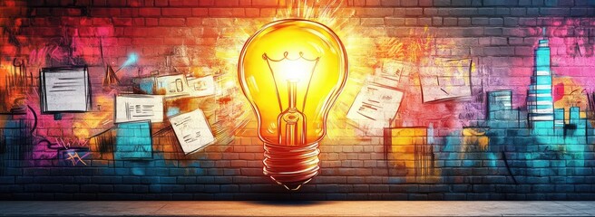 Glowing bulb on graffiti wall; idea explosion
