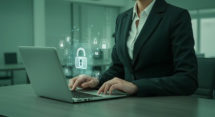 Businesswoman typing on laptop with digital padlock security overlay.