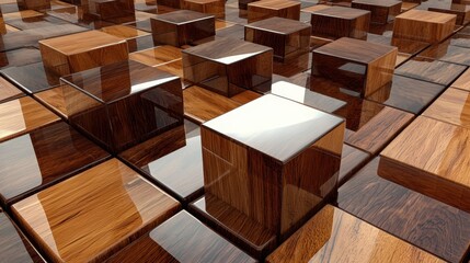Realistic 3D wooden cube tiles with seamless texture and depth in brown hues