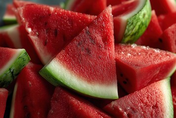 Pile of fresh watermelon slices, top view. Background with copy space for summer and healthy eating concepts.