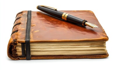Antique leather-bound journal with a fountain pen