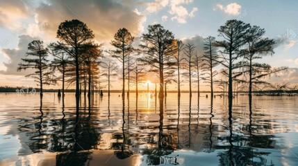 Tall cypress trees in flooded swamp stock photo --ar 16:9 --raw --v 6 Job ID: a0ce761b-2ab3-46a4-8d7a-42d47c012555