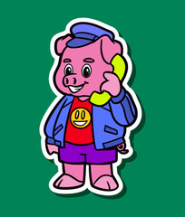 Cartoon Character of a Cute Pig Talk with Telephone