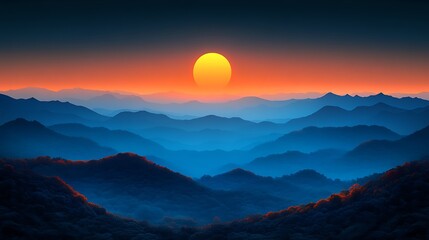 Fototapeta premium Vibrant sunset over layered blue mountains