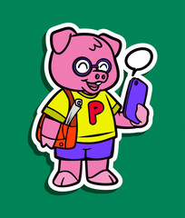 Cartoon Character of a Cute Pig with Smartphone