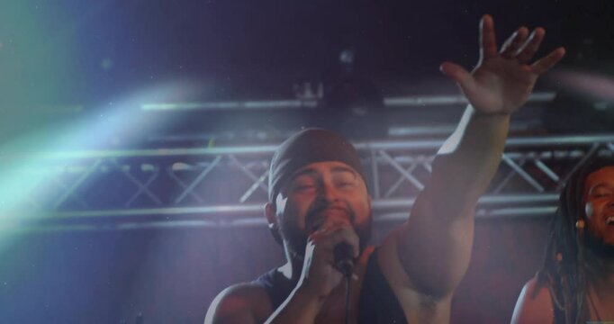 Lead singer and band performing on concert stage for music marketing, with floating notes animation