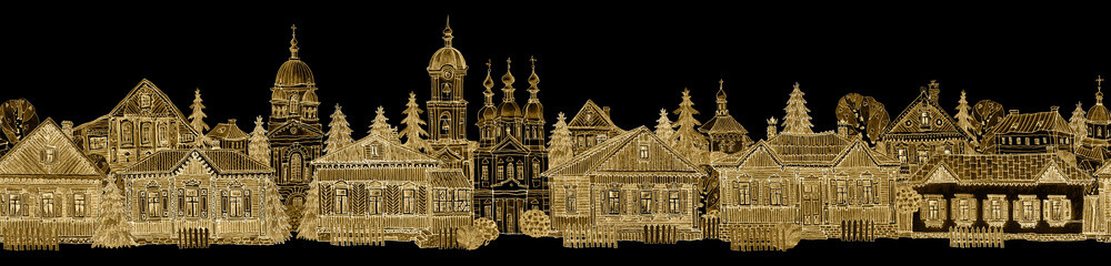 Fototapeta premium Seamless border pattern of fairy tale wooden houses street, churches, trees. Hand drawn golden sketch on a black background