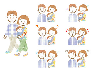 赤ちゃんを抱っこ紐で抱っこした母親と父親の表情セット