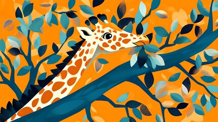 Giraffe eating leaves with orange background.