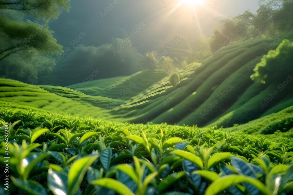 Poster 緑豊かな茶園の風景 太陽の光が降り注ぐ丘陵地帯と茶葉のクローズアップ 自然の美しさ