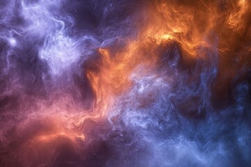 Abstract swirling nebula; fiery orange and cool blue hues blend in a cosmic dance