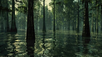 Tall cypress trees in flooded swamp stock photo --ar 16:9 --raw --v 6 Job ID: a0ce761b-2ab3-46a4-8d7a-42d47c012555